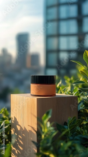 Skincare product jar displayed on wooden block with cityscape background in natural sunlight