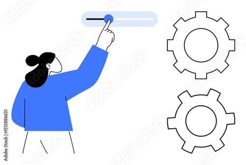 Person operating slider to manage settings alongside technical gear symbols. Ideal for automation, configuration, workflow, optimization, system management, decision-making, simple landing page