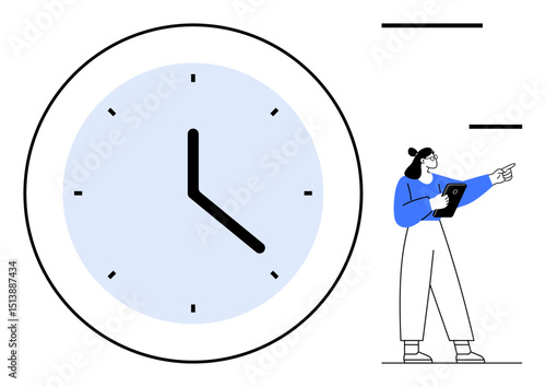 Large clock with bold black hands beside a woman holding a tablet and pointing forward. Ideal for time management, scheduling, productivity, planning, deadlines, organization, simple landing page