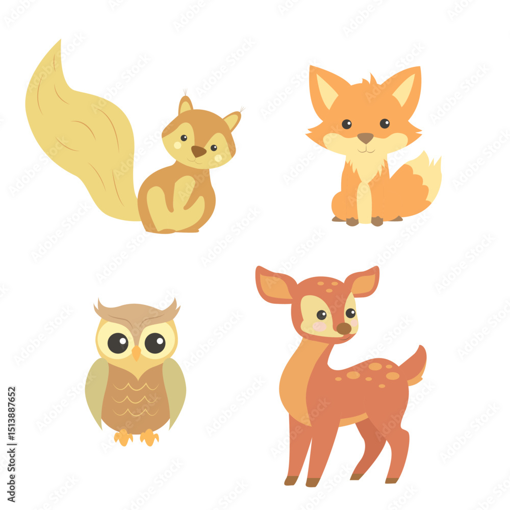 Pastel forest animal set. Squirrel, fox, owl, deer vector illustration with white background. Pastel forest animal set. Squirrel, fox, owl, deer vector illustration with white background.