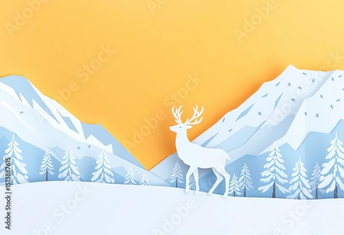 Paper cutout white reindeer in snowy mountain scene,  reindeer,  festive