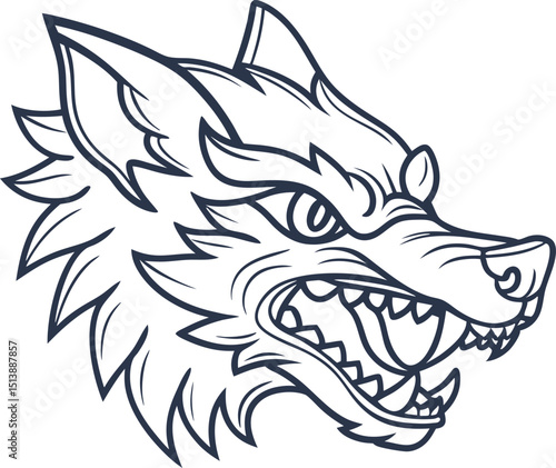 Fierce wolf head outline aggressive wild animal tattoo drawing, snarling canine face, isolated  art