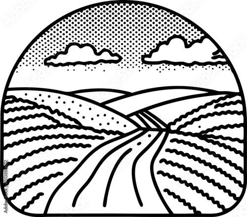 Rolling countryside landscape with curved road and clouds farmland fields, rural hills, scenic agricultural view