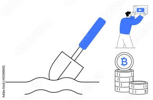 Shovel digging the ground, Bitcoin coins stacked, person holding a screen. Ideal for cryptocurrency, blockchain mining, digital finance, online economy, investment, educational tech simple landing