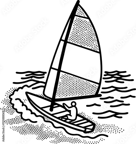 Windsurfer sailing on open water, sketch illustration person enjoying outdoor aquatic sport, summer activity