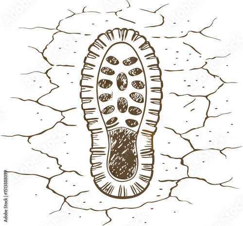 Hiking boot print on dry cracked earth outdoors trail footprint, environmental impact, drought and nature conservation