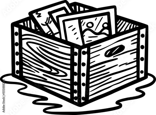 Wooden crate filled with framed pictures, hand drawn box with family collection, vintage storage concept