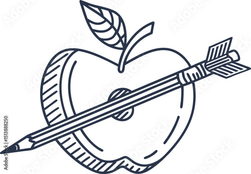 Pencil and arrow piercing apple with leaf creative education, success, learning achievement concept illustration