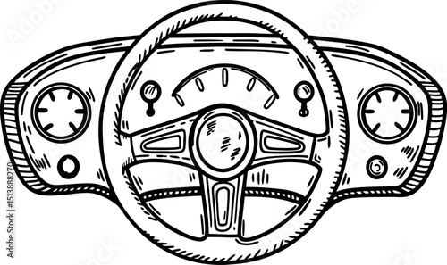 Vintage car dashboard with speedometer and steering wheel classic automobile control panel hand drawn illustration