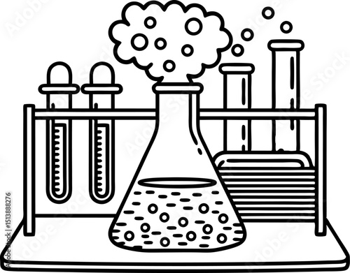 Laboratory experiment with bubbling flask, test tubes, and chemical reaction science equipment and research tools