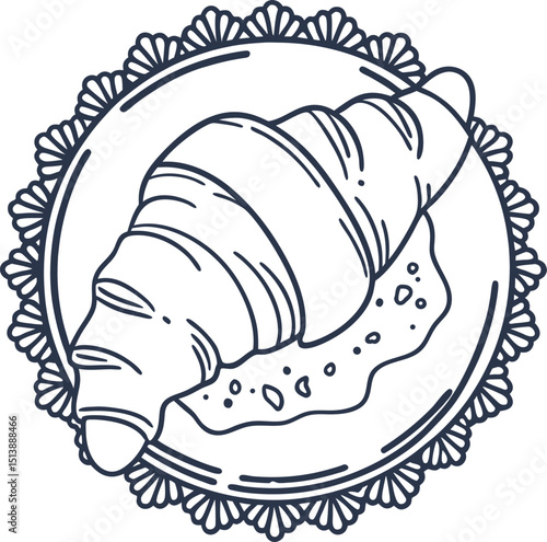 French croissant pastry on decorative plate, hand drawn monochrome bakery illustration, breakfast bread art
