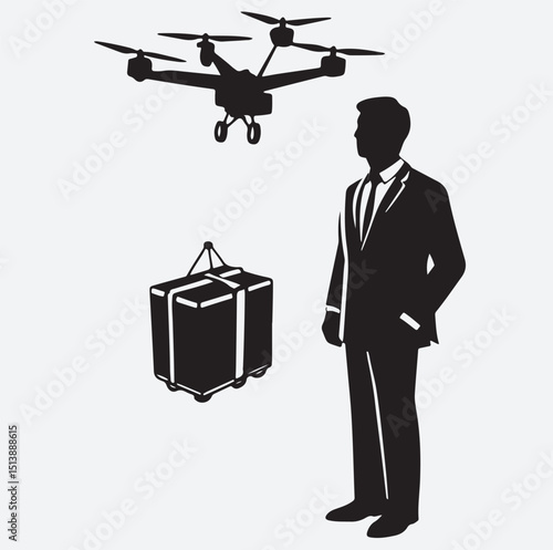businessman watching a drone deliver a luggage silhouette vector art illustration, man with luggage