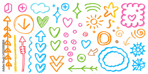 Hand-drawn doodles in colourful ink on a white background. 