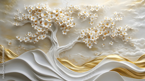 3D background with a white tree of life, flowers, and a golden wave, wall mural, wall art
