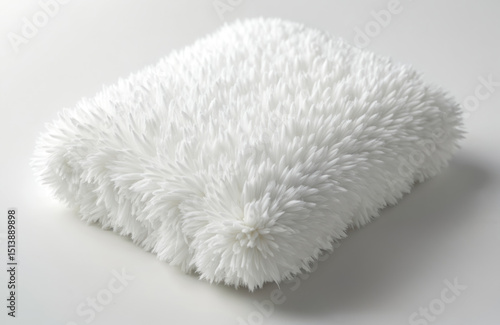 Extreme close-up of white microfiber pillow, mattress filling. Soft, fluffy texture, providing comfort. Cozy home decor element. Ideal for relaxation, sleep, bedding, bedroom interior. Fluffy soft