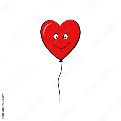 Red Heart Shaped Balloon Floating with a String and Cheerful Face Flat vector illustration