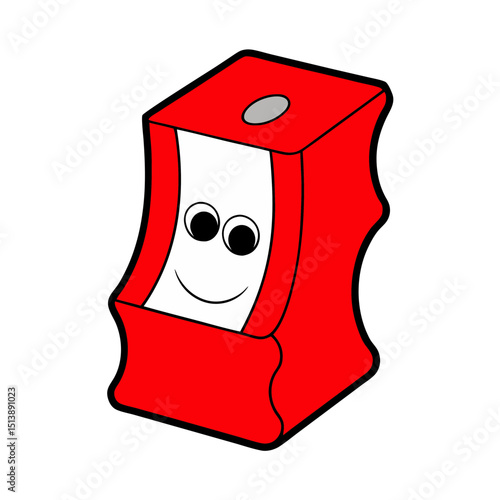 Red Pencil Sharpener with a Smiling Face and Shavings Flat vector illustration