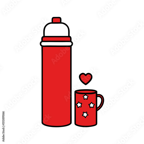 Red Thermos Bottle with Hearts and Stars with a Cap Lid Flat vector illustration