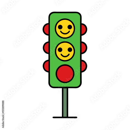 Red Traffic Light with Smiling Red, Yellow, and Green Lights Flat vector illustration