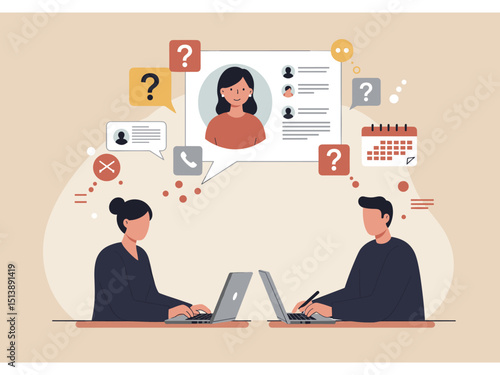 Online communication and customer support concept. Man and woman on laptops, with one character seemingly providing support or answers to questions related to a user profile and calendar. Flat vector 