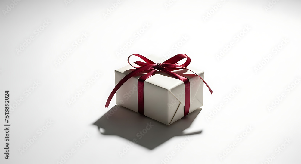 Festively wrapped gift box with red ribbon on white background Festively wrapped gift box with red ribbon on white background