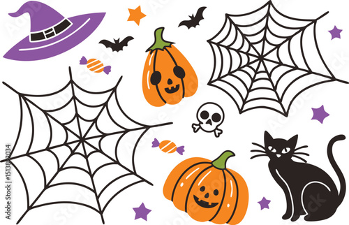 Colorful Halloween Design Set Collection. Halloween Cartoon Elements Set for Designers. Spooky Halloween Design Bundle for Print. Fun Halloween Graphics Pack for Merch