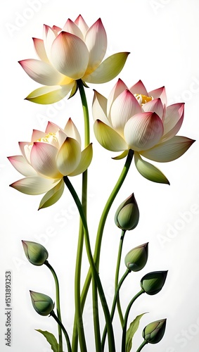 Elegant Trio of Lotus Blossoms A Stunning Close-Up of Three Exquisite Lotus Flowers with Buds, Isolated on White Background