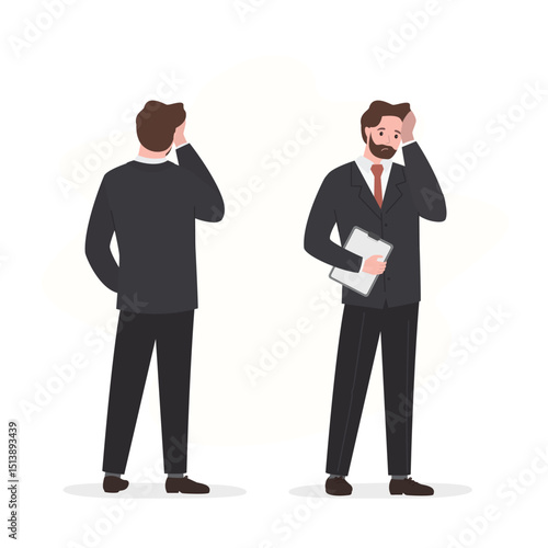 Set of two businessman characters - front and back view. Presenting the expressions in negative mood. Tired or unhappy man isolated on white background.