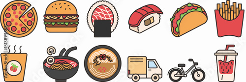 Food delivery vector icon sheet with various meal and transport symbols – Great for restaurant marketing, delivery app design, or food blog content.