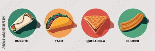 Mexican food icon set featuring burrito, taco, quesadilla, and churro – Great for restaurant branding, menu design, or culinary education