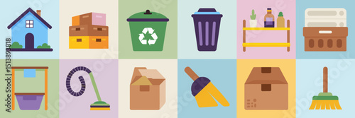 Home organization icon sheet with house, shelf, recycling bin, and cleaning tools – Perfect for home improvement blogs, cleaning service brands, or decluttering apps