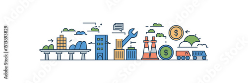 Modern infrastructure icon set with roads, trains, and power plants – Perfect for business infographics, energy policy briefs, or urban infrastructure reports.