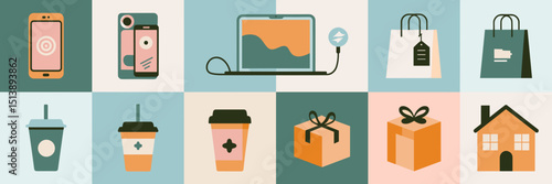 Minimalist consumer goods icon sheet with home and tech items – Great for product marketing, UI elements, or e-commerce interfaces.