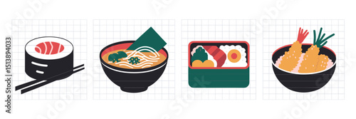 Vector icon sheet of sushi, ramen, bento, and tempura in grid layout – Perfect for Japanese cooking guides, restaurant branding, or recipe apps.