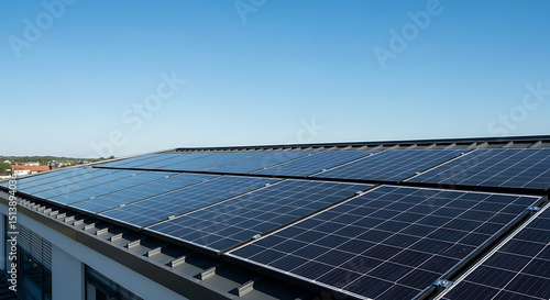 Solar panels installed on a building roof in bright daylight