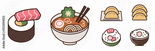 Vector icon sheet of sushi, ramen, gyoza, and rice bowl – Suitable for Japanese food blogs, restaurant menus, or cultural infographics.