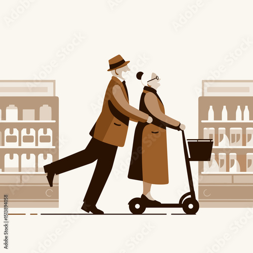 Dancing elderly couple enjoying a flash mob in a supermarket aisle with shelves in the background