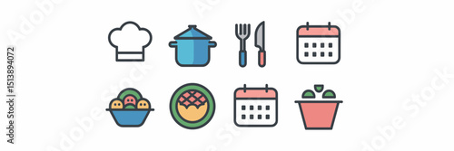 Custom meal prep business icon sheet with chef hat, food, and calendar – Great for nutrition services, meal planning apps, or food delivery brands