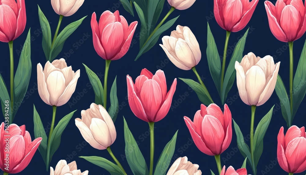 Colorful tulip pattern with leaves on dark background. Spring flowers, white pink tulips art illustration, botanical floral design, vibrant decoration. Fresh bloom for greeting card wallpaper. Colorful tulip pattern with leaves on dark background. Spring flowers, white pink tulips art illustration, botanical floral design, vibrant decoration. Fresh bloom for greeting card wallpaper.