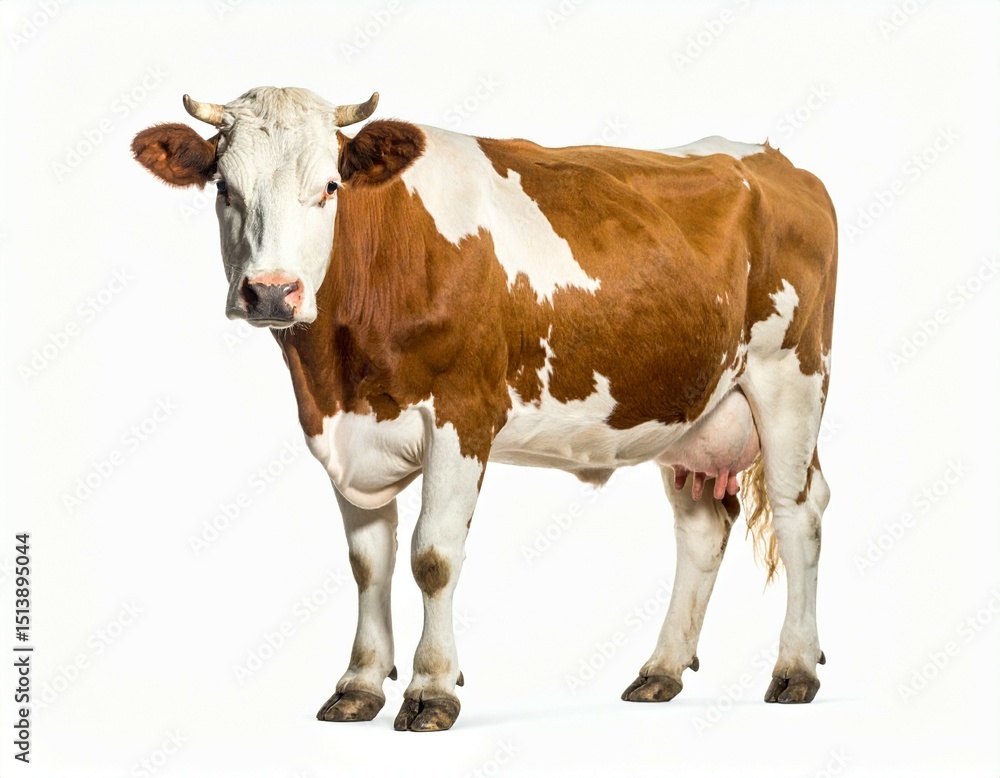 A brown and white cow standing on a white background looking directly at the camera in a studio shot A brown and white cow standing on a white background looking directly at the camera in a studio shot