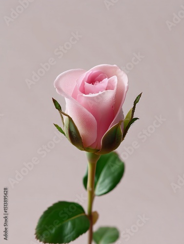 Delicate pastel pink rosebud with dewdrops on petals, soft green leaves, minimal background—ideal for floral or romantic design.