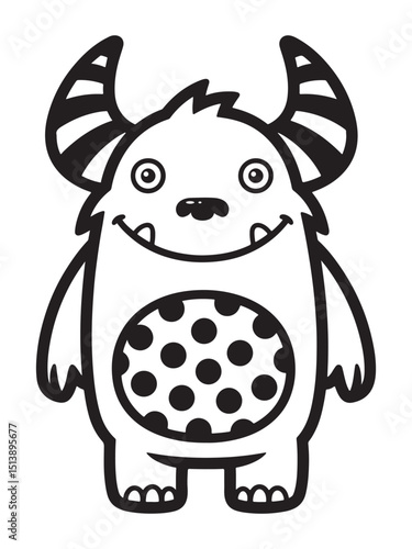 Cartoon monster with horns and polka dot belly ready for coloring