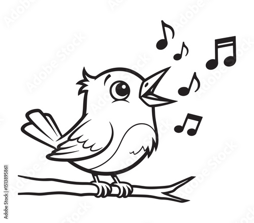 A delightful cartoon bird singing on a branch with musical notes floating above