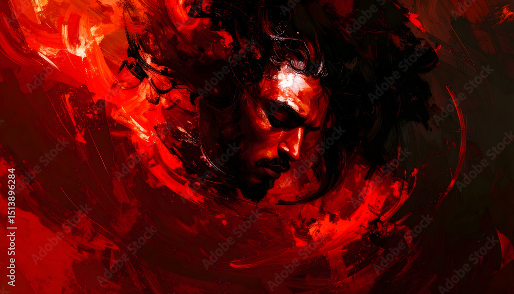 Fototapeta premium Abstract Fiery Portrait A Man Emerging from Flames