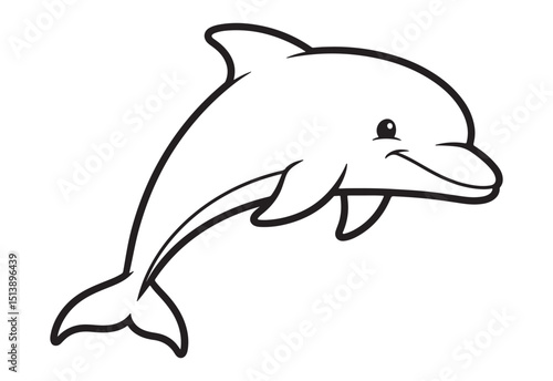 Black and White Cartoon Dolphin Illustration with Simple Outlines and Smiling Face