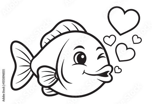 Cartoon Fish Winking and Sending Love with Heart Symbols, Black and White