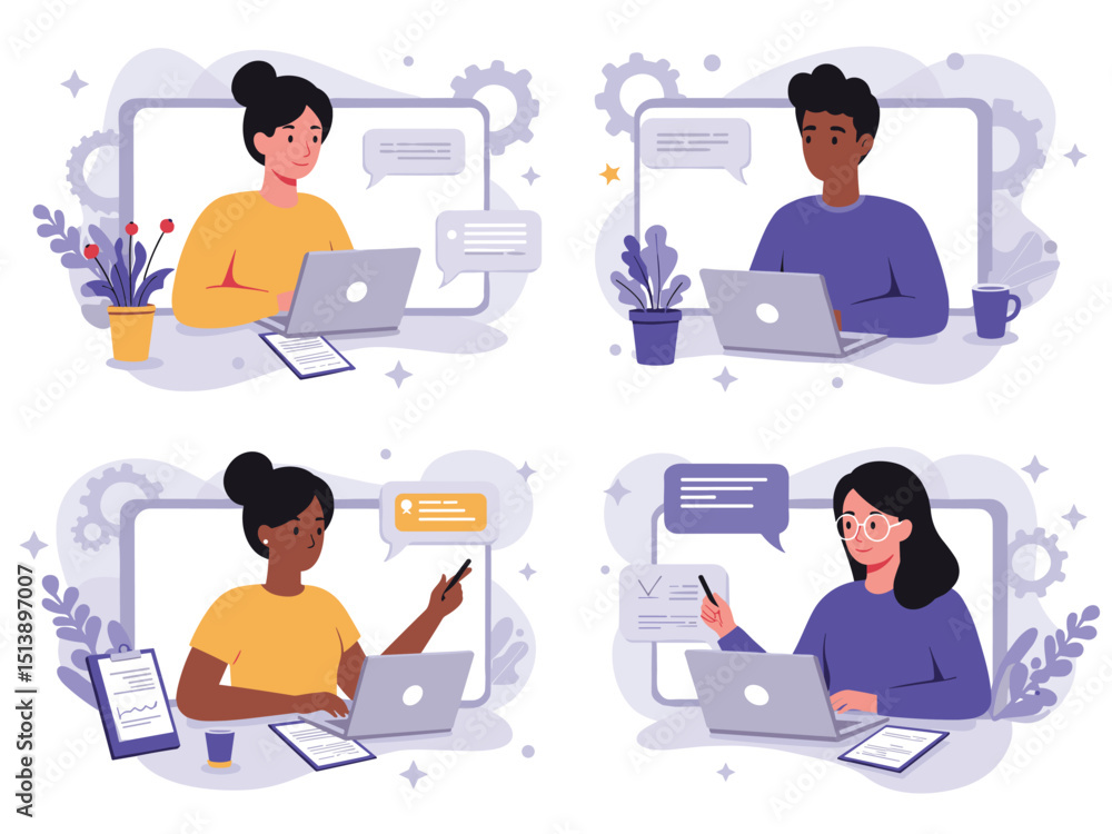 Set of four diverse individuals working or attending online meetings remotely on laptops. Characters in screen frames with chat bubbles and work-related icons. Flat vector illustration Set of four diverse individuals working or attending online meetings remotely on laptops. Characters in screen frames with chat bubbles and work-related icons. Flat vector illustration