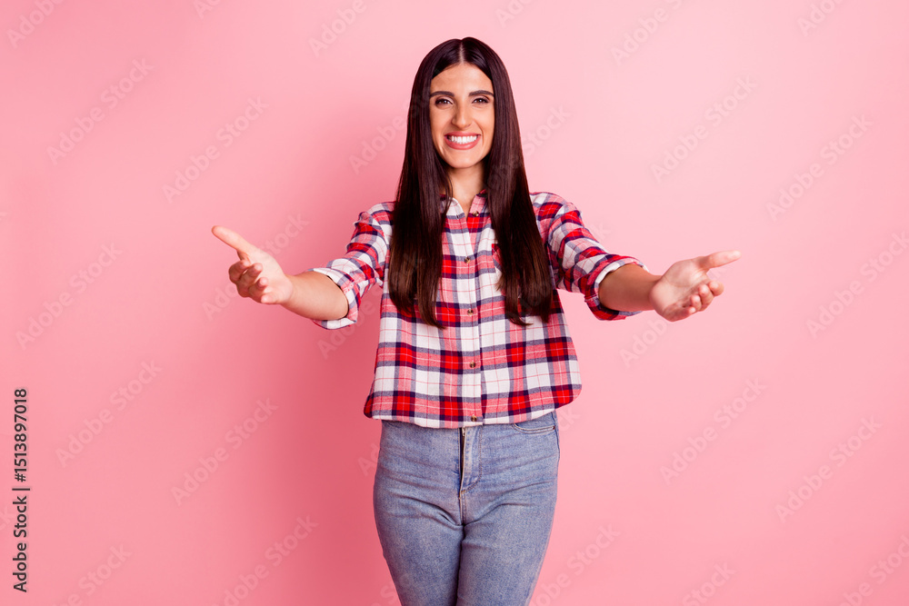 Portrait of young girl hold thumb fingers up yes good nice isolated on colorful background Portrait of young girl hold thumb fingers up yes good nice isolated on colorful background