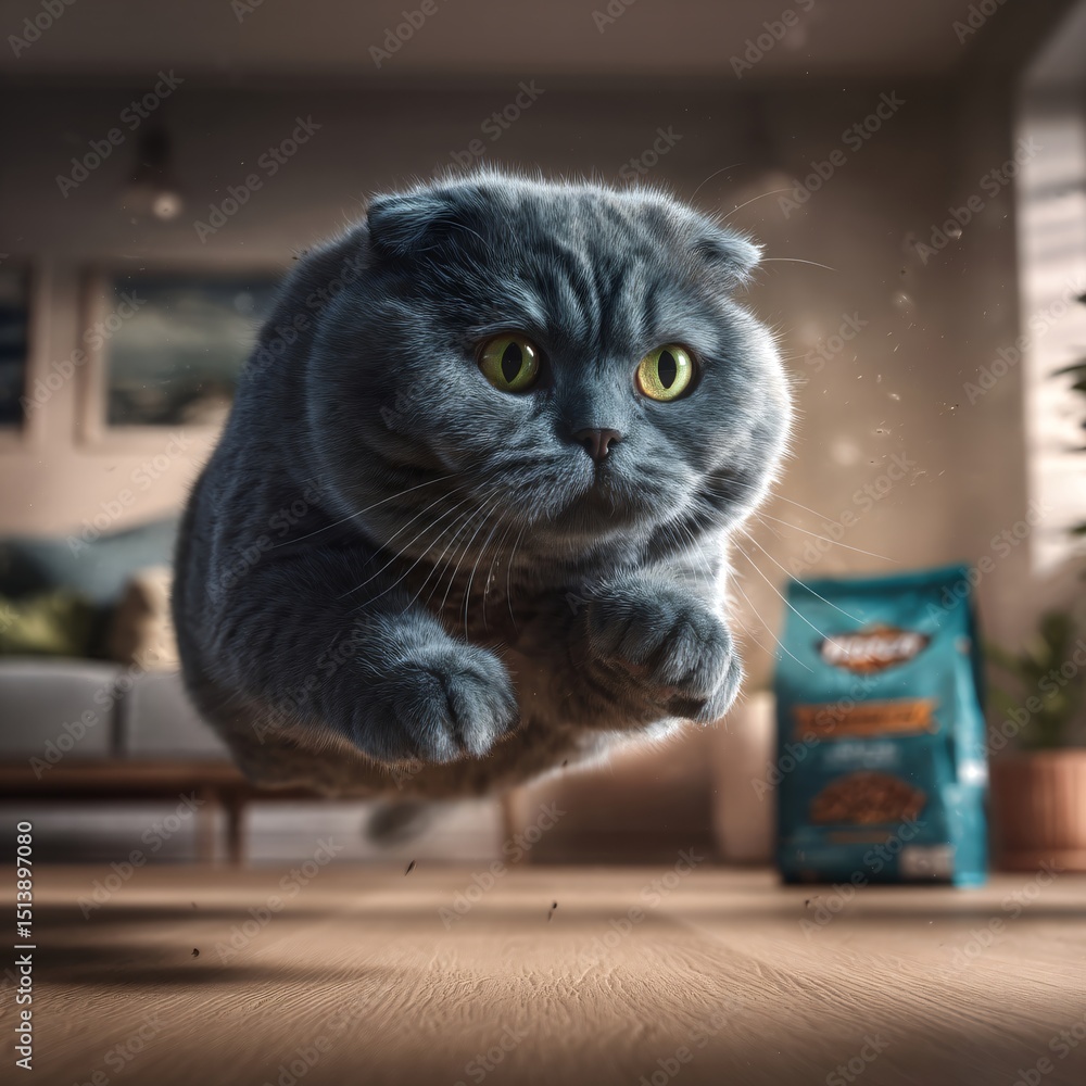Naklejka premium Playful Scottish Fold cat leaping indoors toward cat food, soft blue-gray fur, warm natural light—ideal for pet food ads.