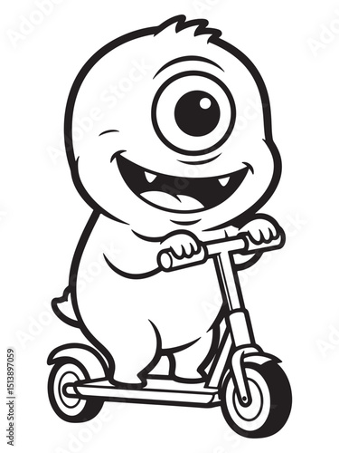 One eyed monster smiling and riding a kick scooter in black and white